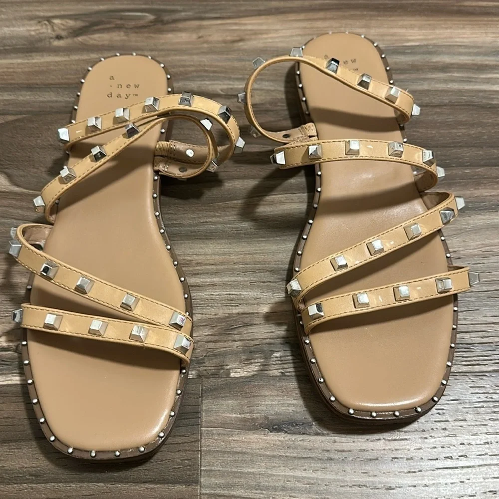 A New Day nude and silver studded sandals in size 9.5
